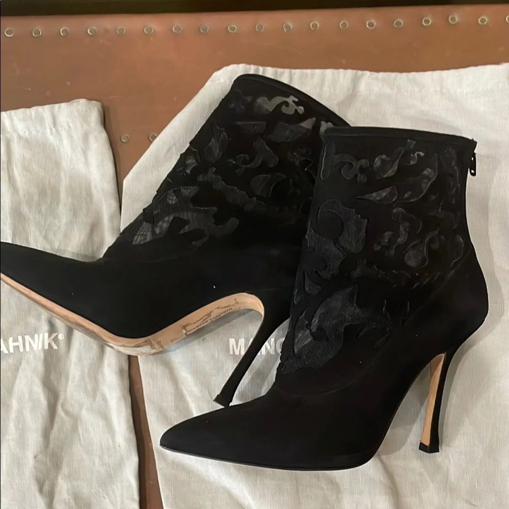 Like New Manolo Blahnik  Elegant Black Mesh Ankle Boots - Picture 8 of 11
